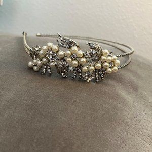 NEW Bridal/Prom Silver Crystal Rhinestone Pearl Duo Band Flowers Headband